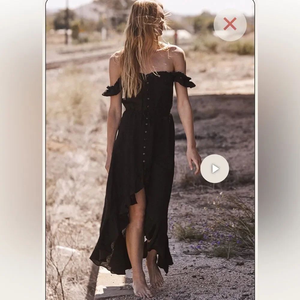 Auguste The Label Willow Day Black Off-Shoulder Ruffle Hi-Lo Boho Maxi Dress